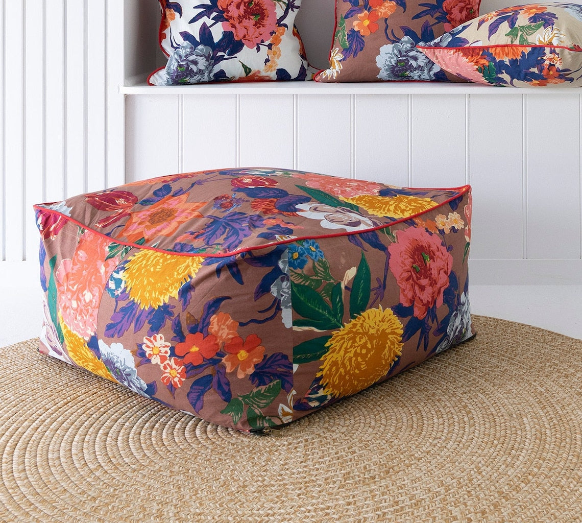 Frida Ottoman Cover Beanbag, Jungle Plants Mexican Painter Art Garden Country Mexico Muertes Ottoman - Brown Anthro