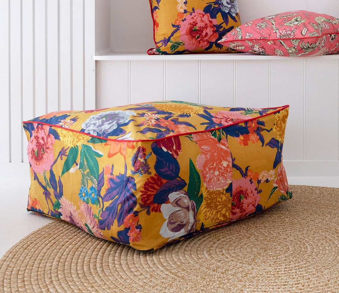 Frida Ottoman Cover Beanbag, Jungle Plants Mexican Painter Art Garden Country Mexico Muertes Ottoman - Mustard Anthro