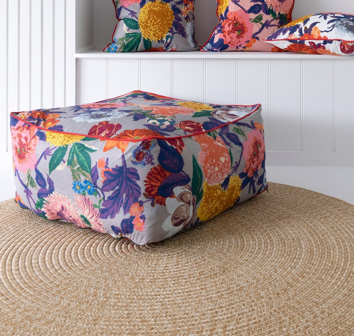 Frida Ottoman Cover Beanbag, Jungle Plants Mexican Painter Art Garden Country Mexico Muertes Ottoman - Purple Anthro