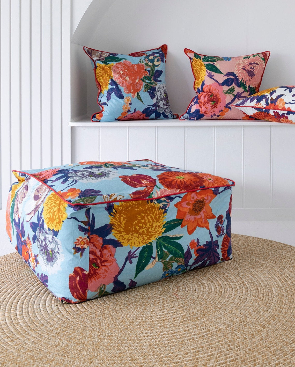 Frida Ottoman Cover Beanbag, Jungle Plants Mexican Painter Art Garden Country Mexico Muertes Ottoman - Turquoise Anthro