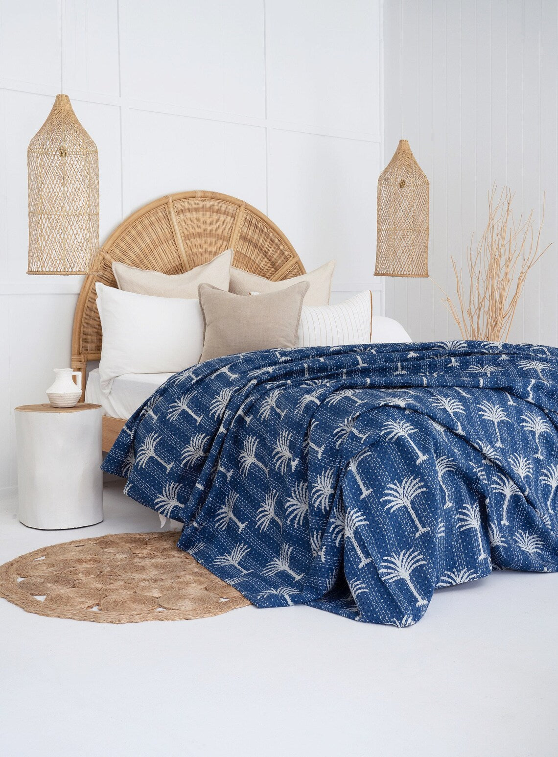 Kantha Quilt Indian Quilt Block Print Quilt Bedspread Bohemian Boho Cotton Throw Quilt Handmade Blanket Doona King Size