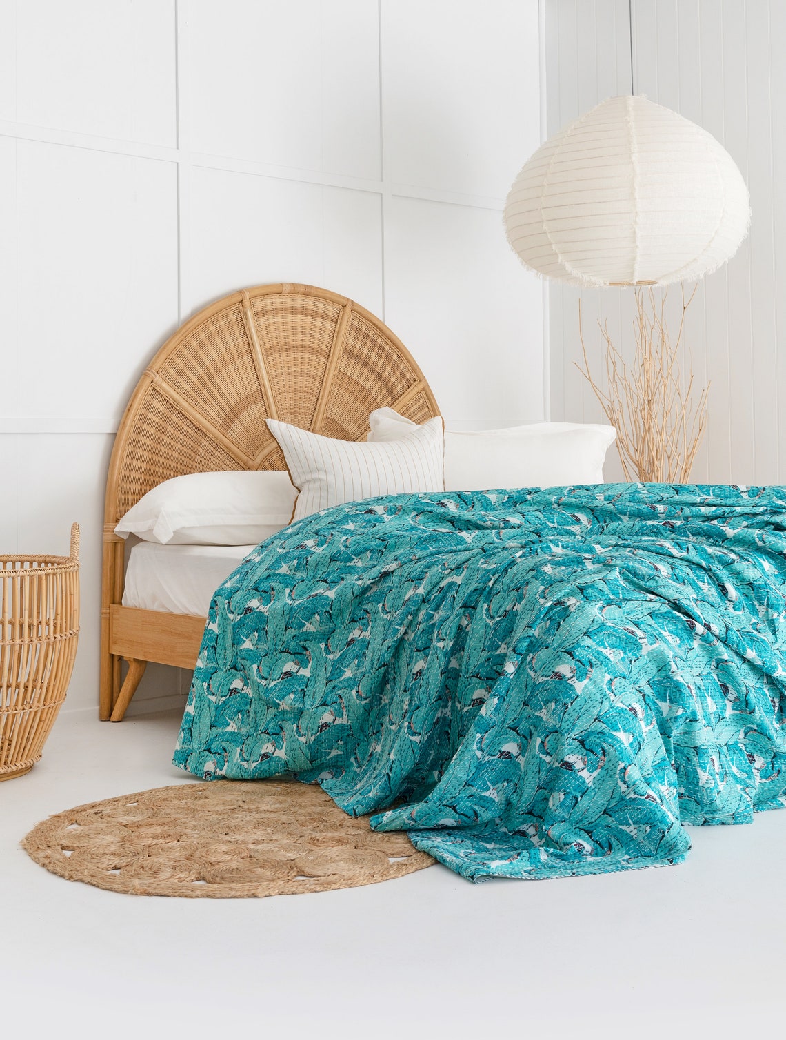 Kantha Quilt Indian Quilt Block Print Quilt Bedspread Bohemian Boho Cotton Throw Quilt Handmade Blanket Doona King Size