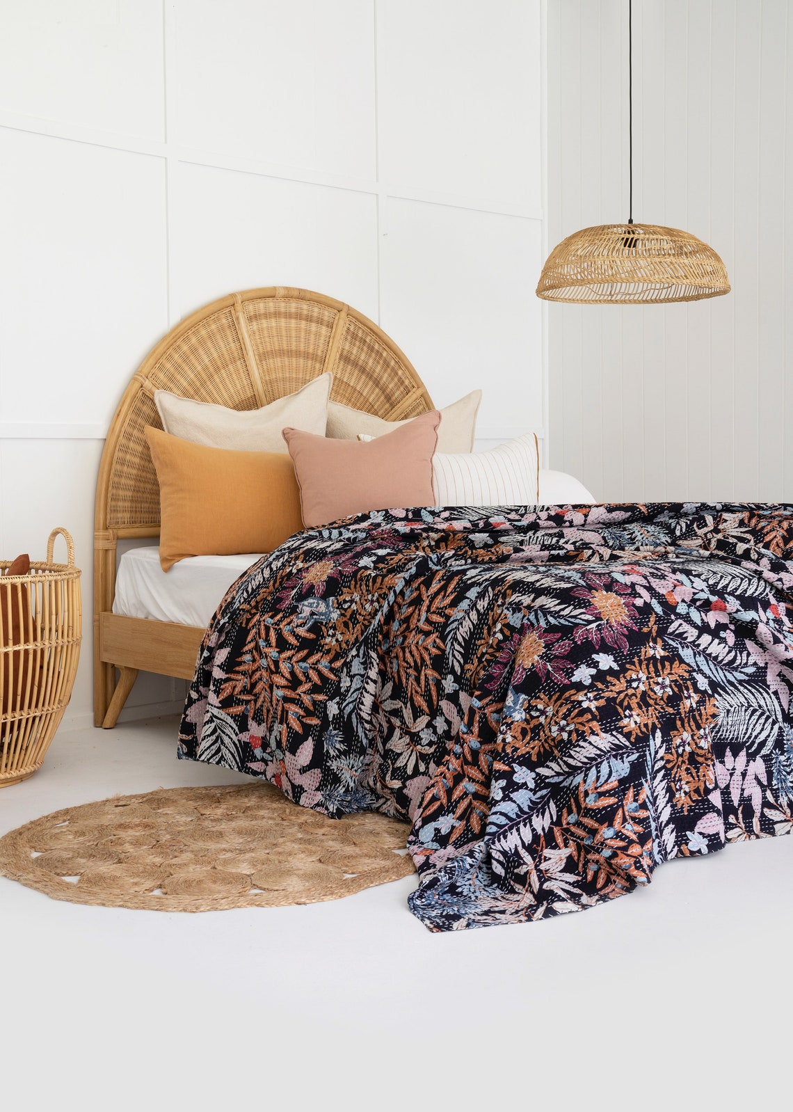 Kantha Quilt Indian Quilt Block Print Quilt Bedspread Bohemian Boho Cotton Throw Quilt Handmade Blanket Doona King Size
