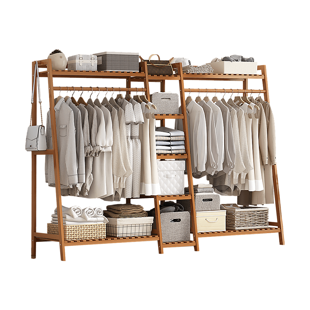 Portable Clothes Rack Coat Garment Stand Bamboo Rail Hanger Airer Closet