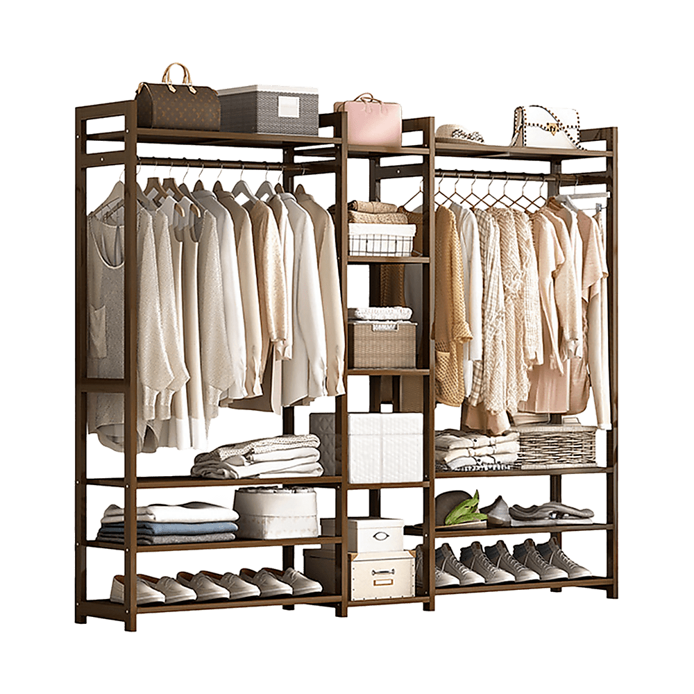 Portable Clothes Rack Coat Garment Stand Bamboo Rail Hanger Airer Closet