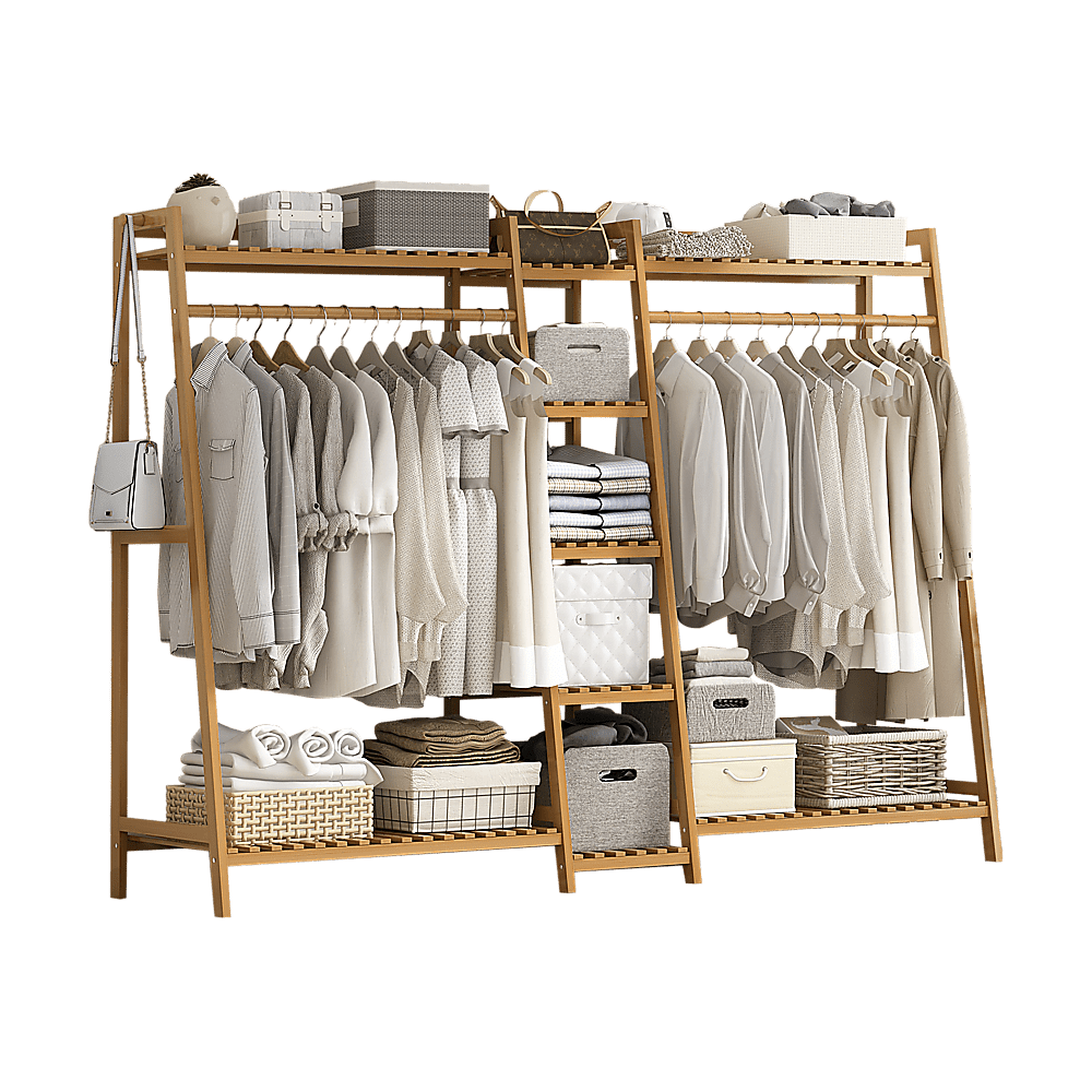 Portable Clothes Rack Coat Garment Stand Bamboo Rail Hanger Airer Closet