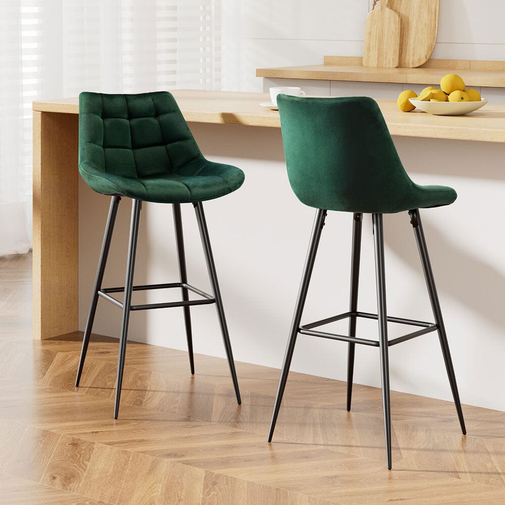 2x Bar Stools Velvet Chairs Green