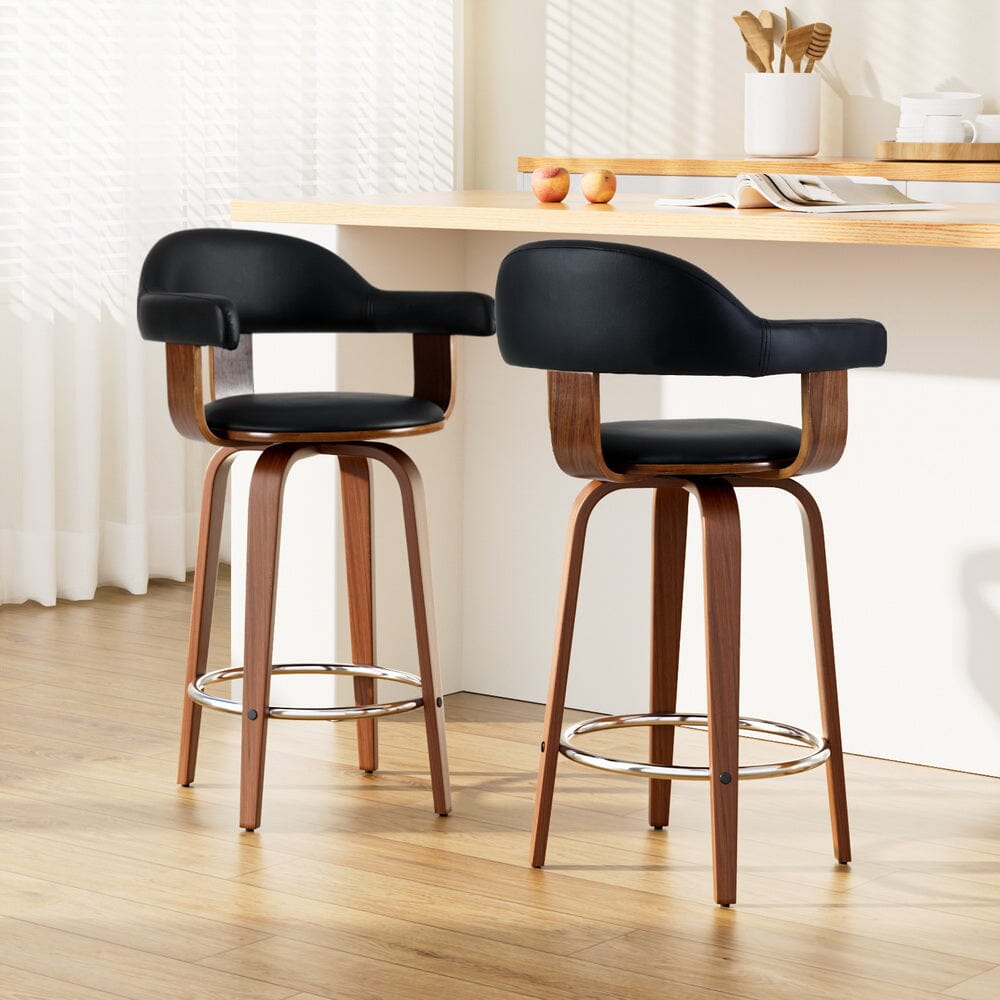 2x Bar Stools Leather Seat Wooden Legs