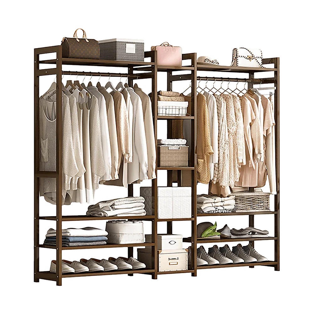 Portable Clothes Rack Coat Garment Stand Bamboo Rail Hanger Airer Closet