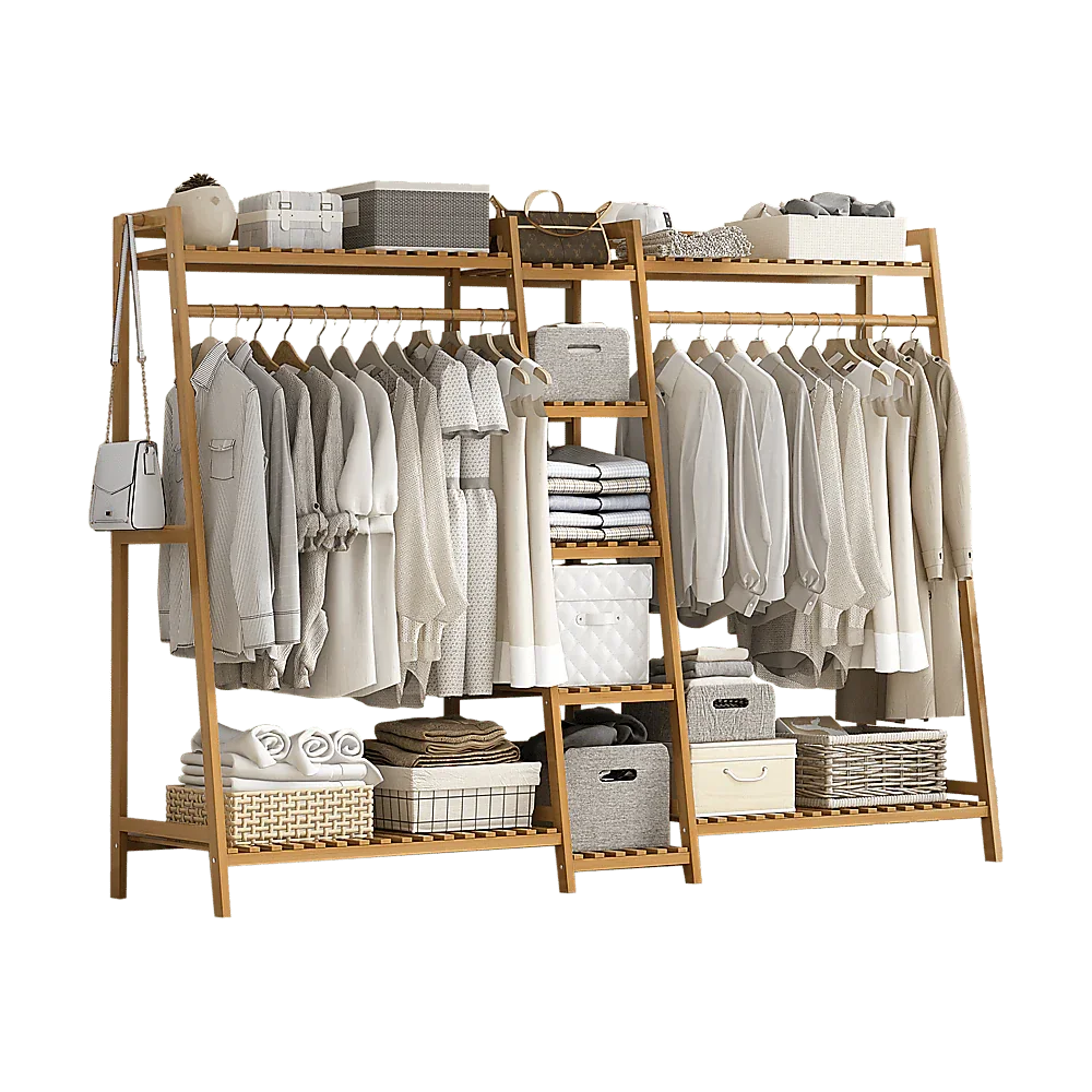 Portable Clothes Rack Coat Garment Stand Bamboo Rail Hanger Airer Closet