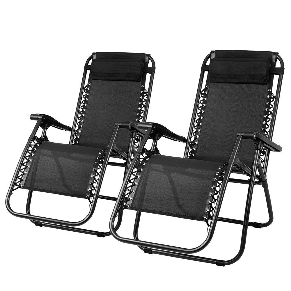 Garden Set of 2 Zero Gravity Chairs Reclining Outdoor Furniture Sun Lounge Folding Camping Lounger Black