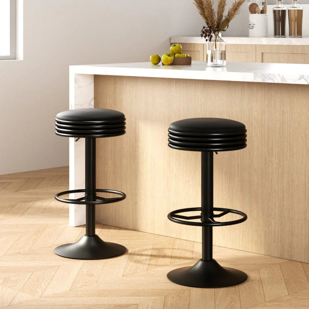 2x Bar Stools Leather Padded Gas Lift Black