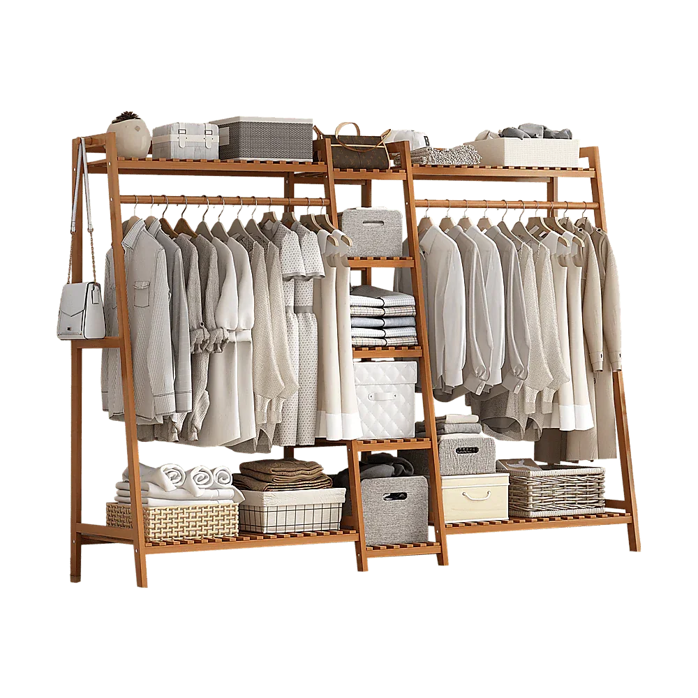 Portable Clothes Rack Coat Garment Stand Bamboo Rail Hanger Airer Closet