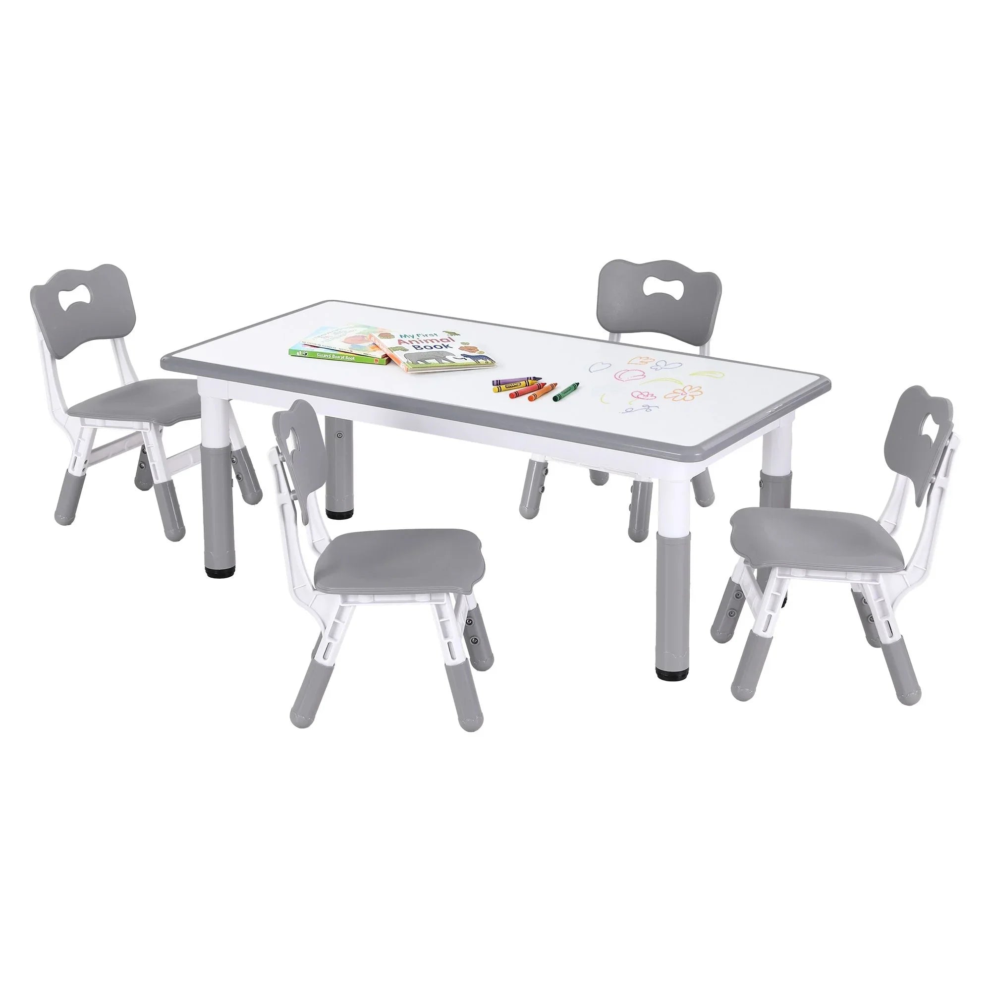 Keezi Kids Table and 4 Chairs Set Height Adjustable Toddler Desk and Chair Set for Ages 3-8, Children Activity Table with Graffiti Desktop for Learning Drawing Playing,
Grey