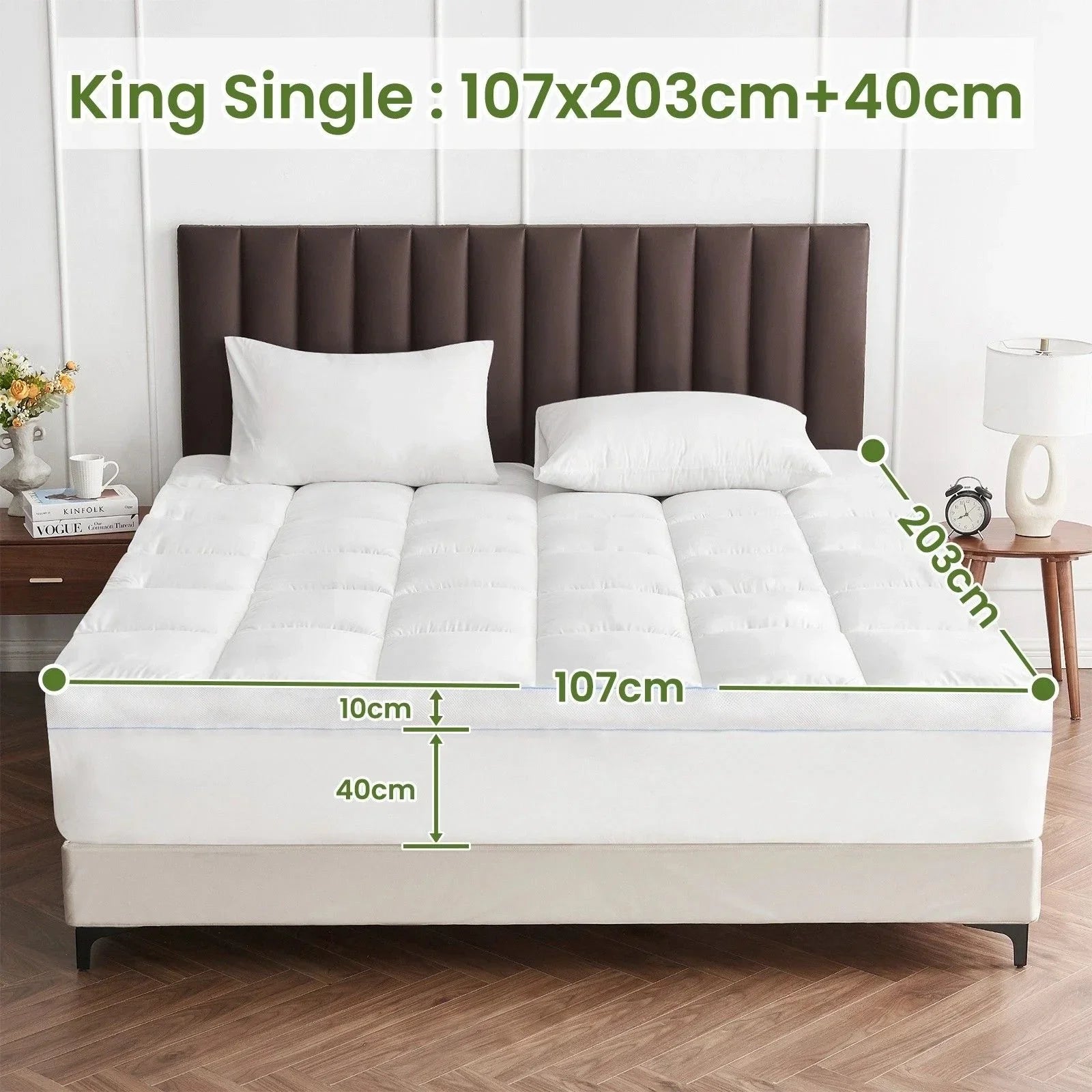 1500GSM Bamboo Mattress Topper Extra Thick 10CM Bed Topper King Single: 107 x 203 + 40 cm