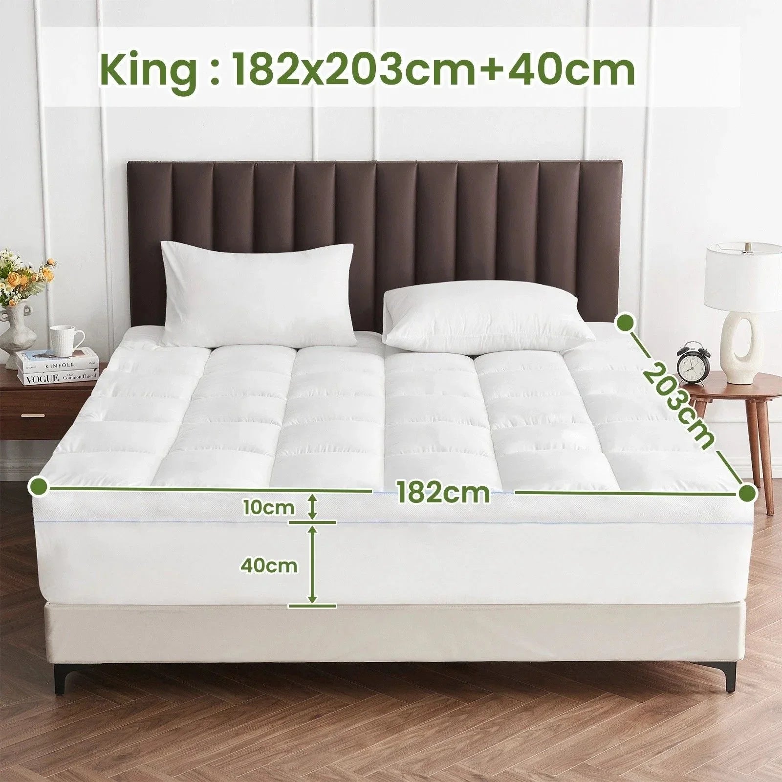 1500GSM Bamboo Mattress Topper Extra Thick 10CM Bed Topper King: 180 x 203 + 40 cm