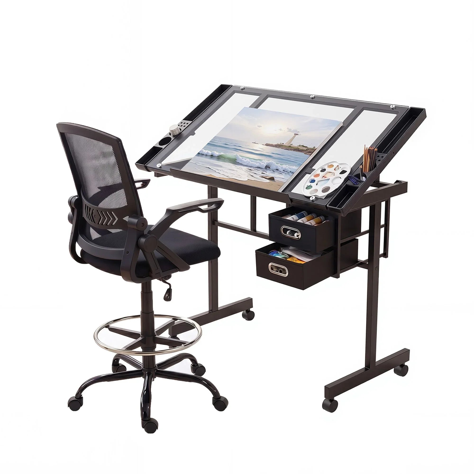 Artiss Drawing Table with Ergonomic Office Chair, Drafting Tables with Tempered Glass Desktop, Removable Drawers, Drafting Stool with Height Adjustable for Artwork
Painting Studio